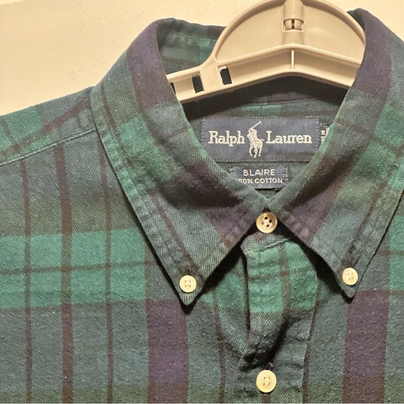 Vintage Ralph Lauren Mens Blaire Plaid Shirt Large Cotton L/S Preppy Green Blue - Picture 10 of 10